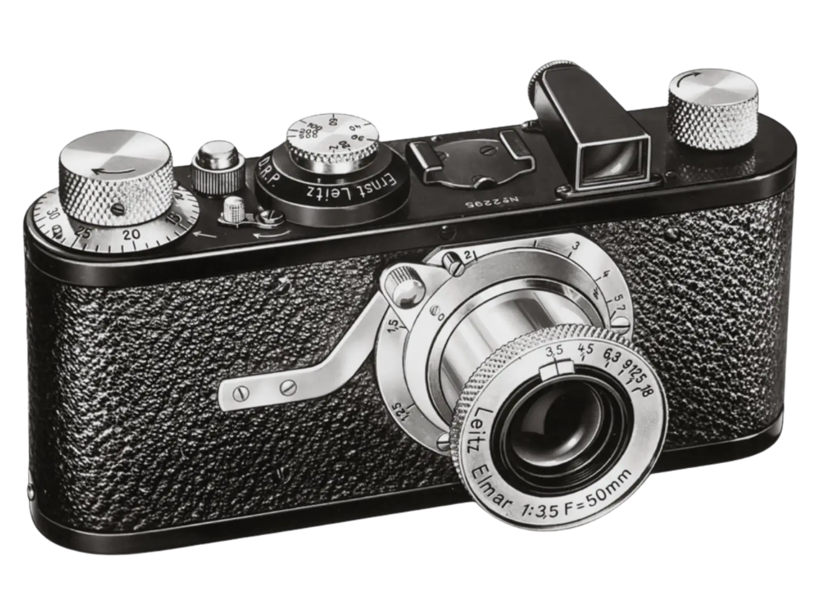 A Leica I camera from 1925: a small black body with a collapsible 50 mm lens
