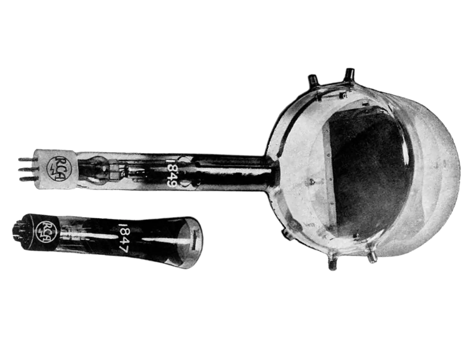 Two iconoscope camera tubes from 1945, each a large glass bulb with a long neck