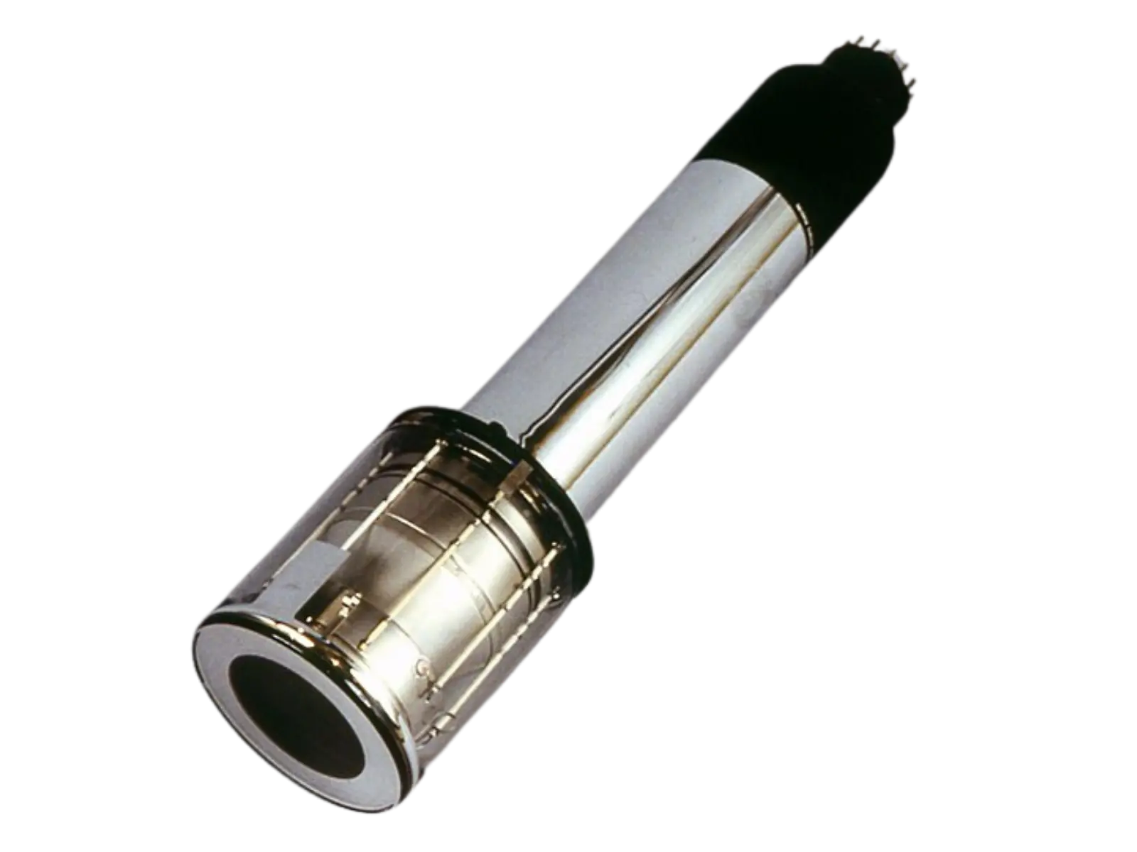 A 4½-inch image orthicon camera tube made by English Electric Valve, with a wide glass end and a long narrow neck