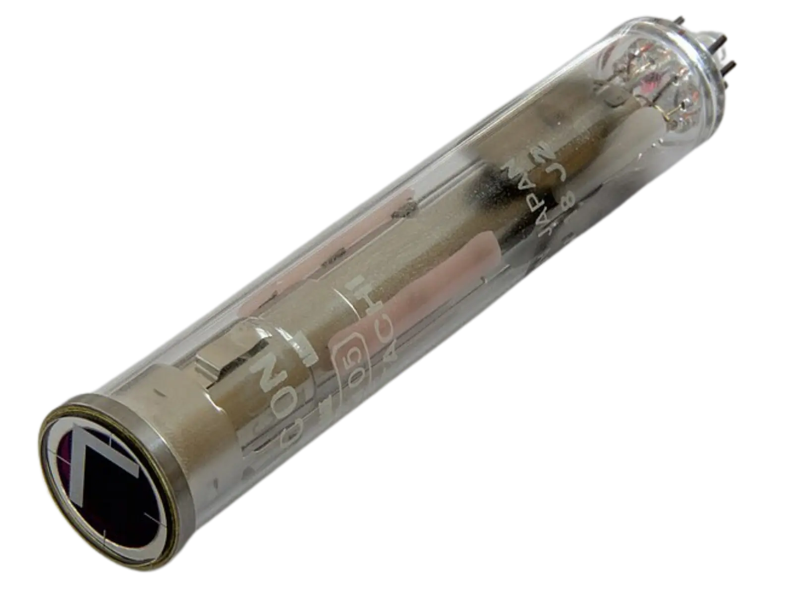 A Hitachi vidicon camera tube: a slim glass cylinder with a dark flat face at one end and connecting pins at the other